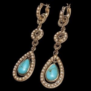 Vintage Signed Monet Earrings Turquoise Color Pearl Gold-tone Chandelier Dangle